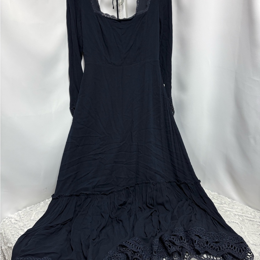 Mia Joy Autumn Navy Blue Lace Trim long sleeve Maxi Dress size small